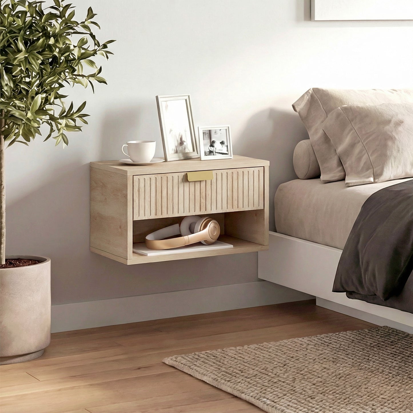 Set of 2 Wall Mounted Nightstands, Floating Bedside Tables with Fluted Drawer and Open Shelf for Small Bedroom, Oak