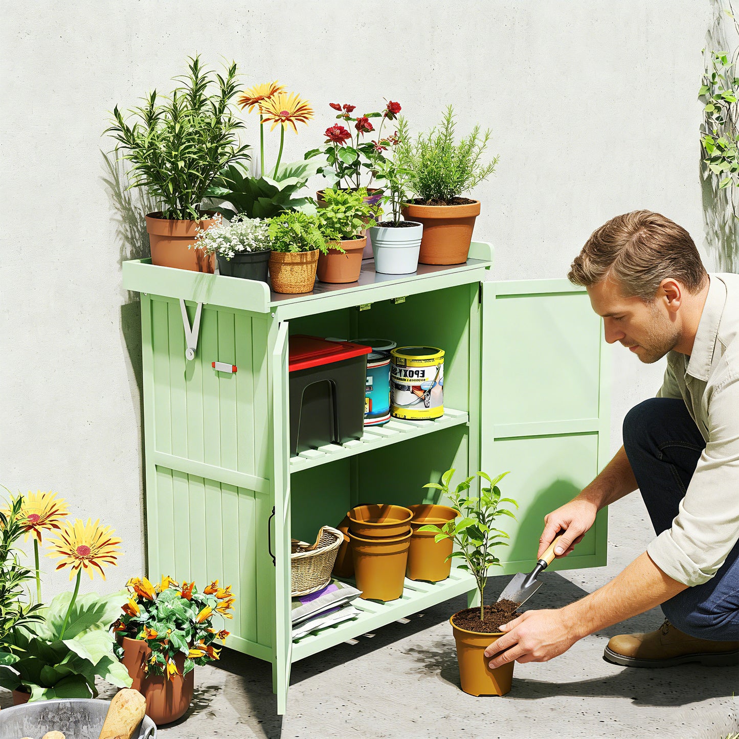 Wooden Garden Shed, Garden Tool Storage Shed with Hinged Roof and Shelf, Outdoor Storage Cabinet with Double Doors