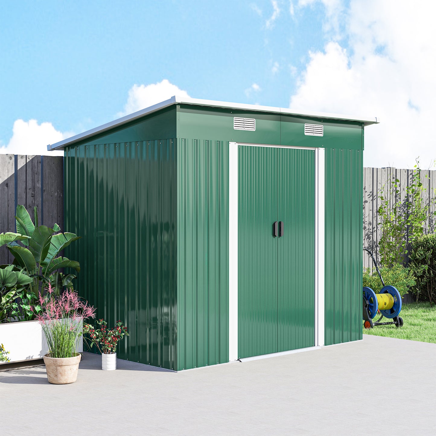 7 x 4ft Outdoor Storage Shed with Foundation Kit, Lean to Metal Garden Shed for Log, Rubbish Bin, Tool, Lawnmower, Bike