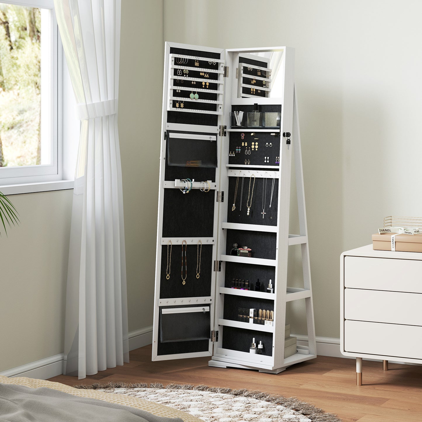 360° Swivel Jewellery Cabinet, Free Standing Full Length Mirror with Storage
