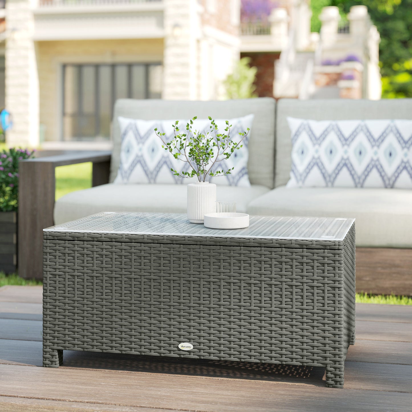 Rattan Garden Coffee Table with Glass Top, Light Grey