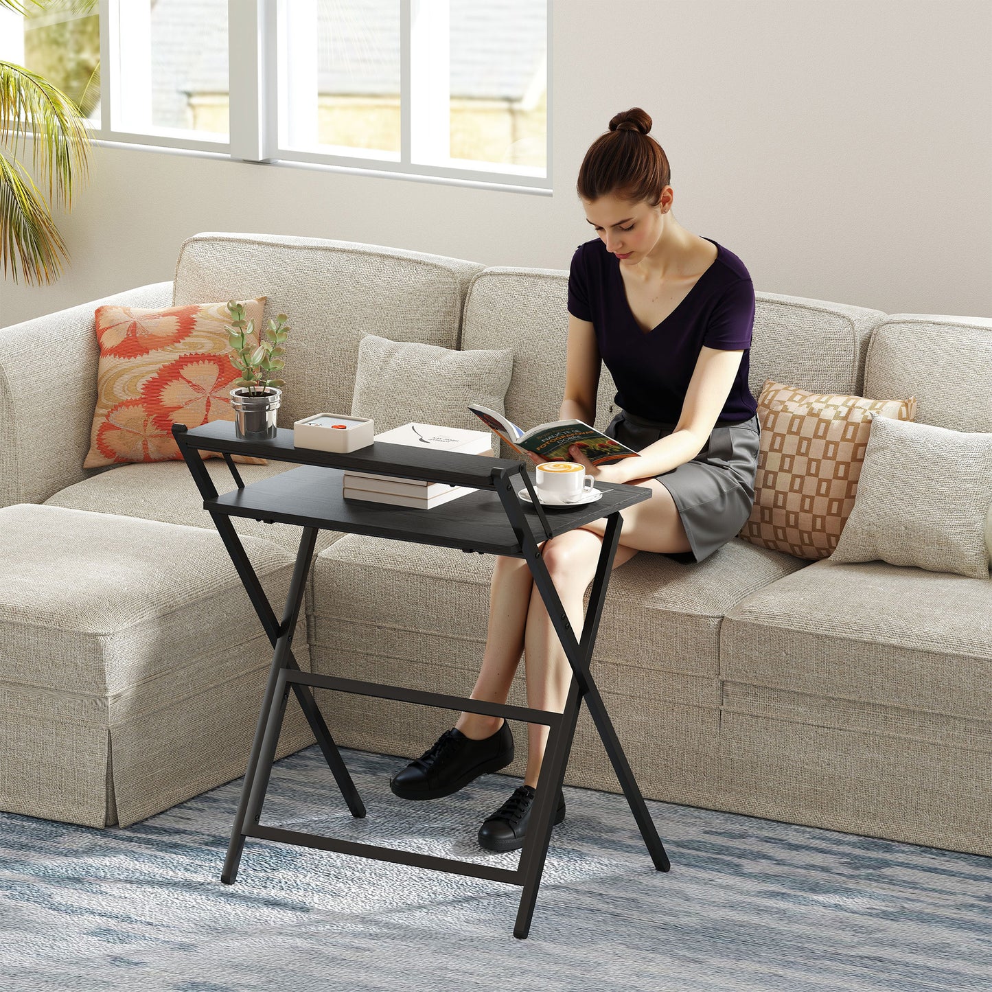 70 cm Folding Computer Desk with Monitor Shelf - Black