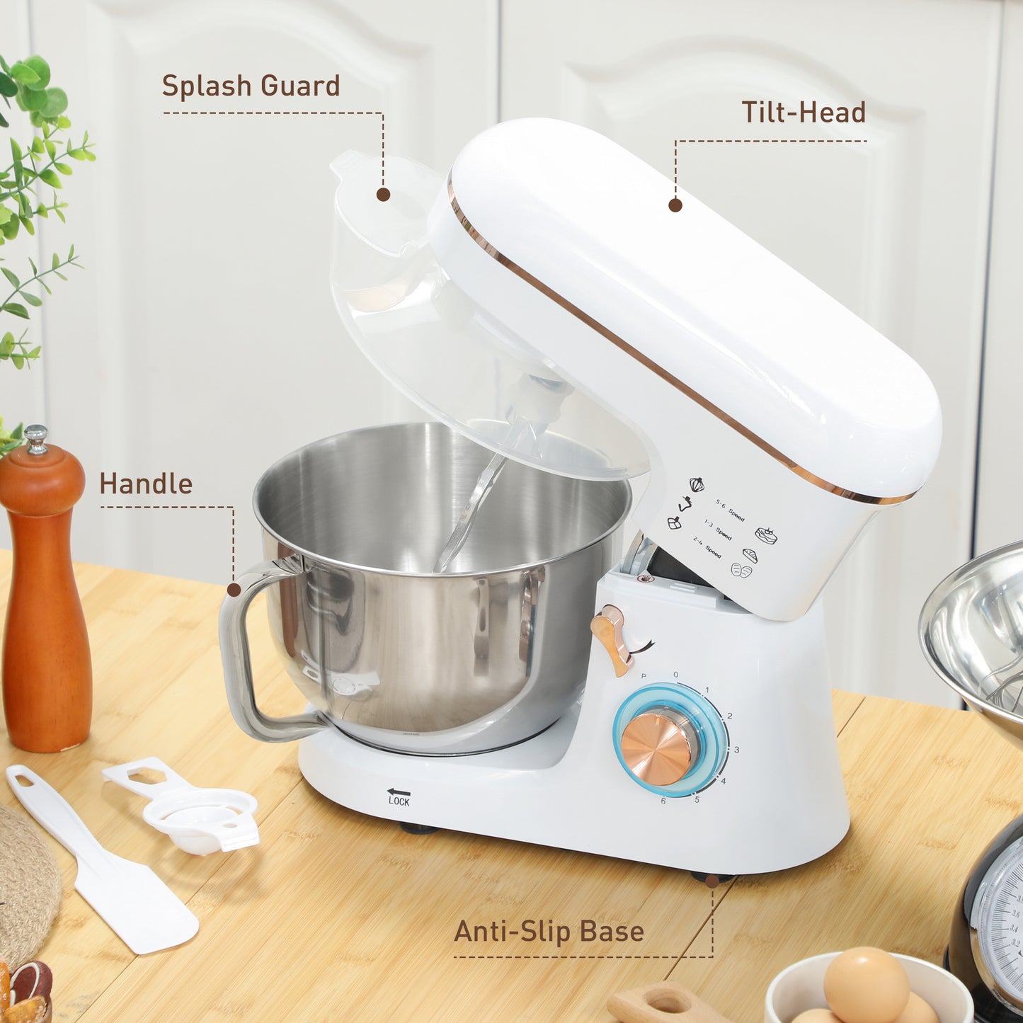 Stand Mixer, 5L Food Mixer for Baking, 6 Speeds and Pulse Setting, 1400W Cake Electric Kitchen Mixer with Dough Hook, Whisk