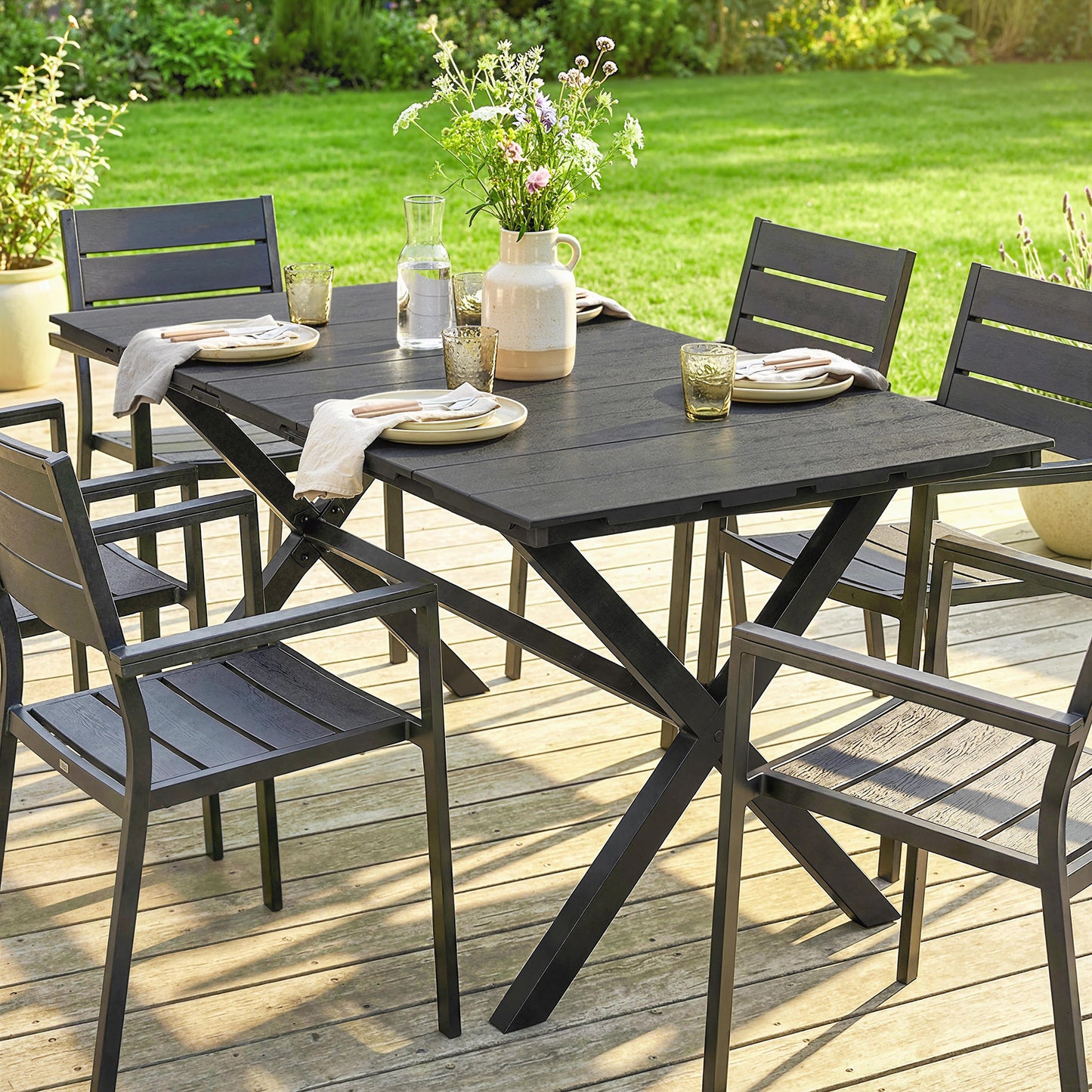 Garden Dining Table for 6, Rectangular Outdoor Table with Wood Effect HDPE Top, X-Shaped Metal Legs, Black