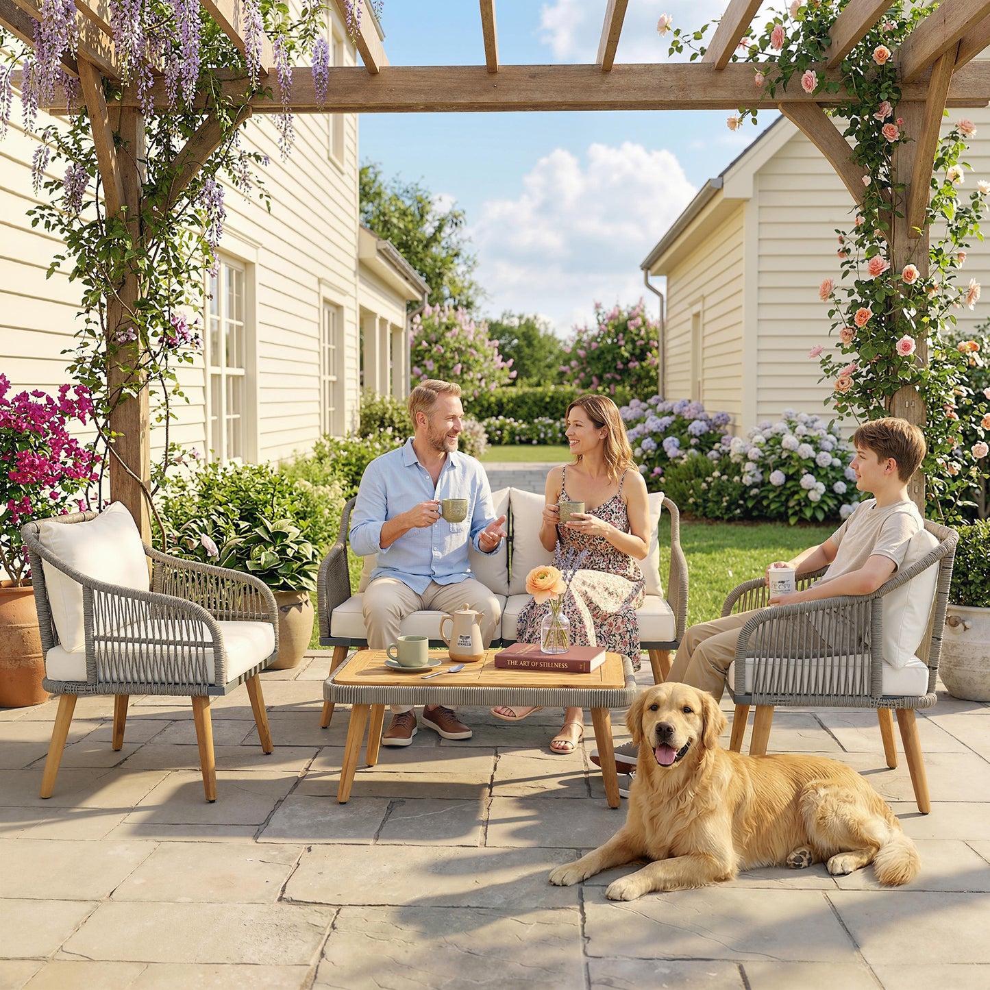 4 Piece Rattan Garden Furniture Set with Loveseat, Armchairs, Wood Table, Wicker Patio Conversation Set, Cream White