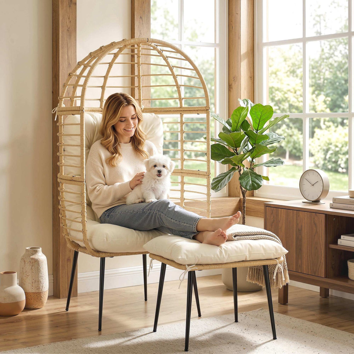 Garden Egg Chair with Footstool, Rattan Indoor Outdoor Lounge Chair and Ottoman Set with Thick Cushions, Beige