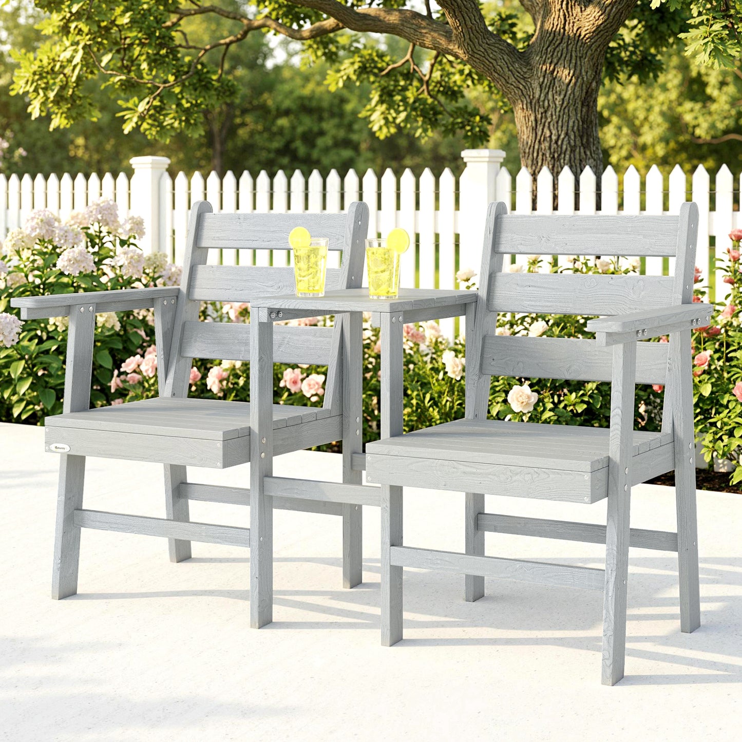 Outdoor Garden Loveseat, Embossed Wooden Jack and Jill Garden Seat with Integrated Table, Grey