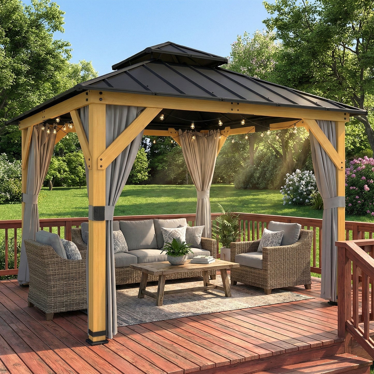 3 x 3 m Outdoor Hardtop Gazebo Canopy with 2-Tier Steel Roof, Wood Garden Gazebo with Curtains, Grey