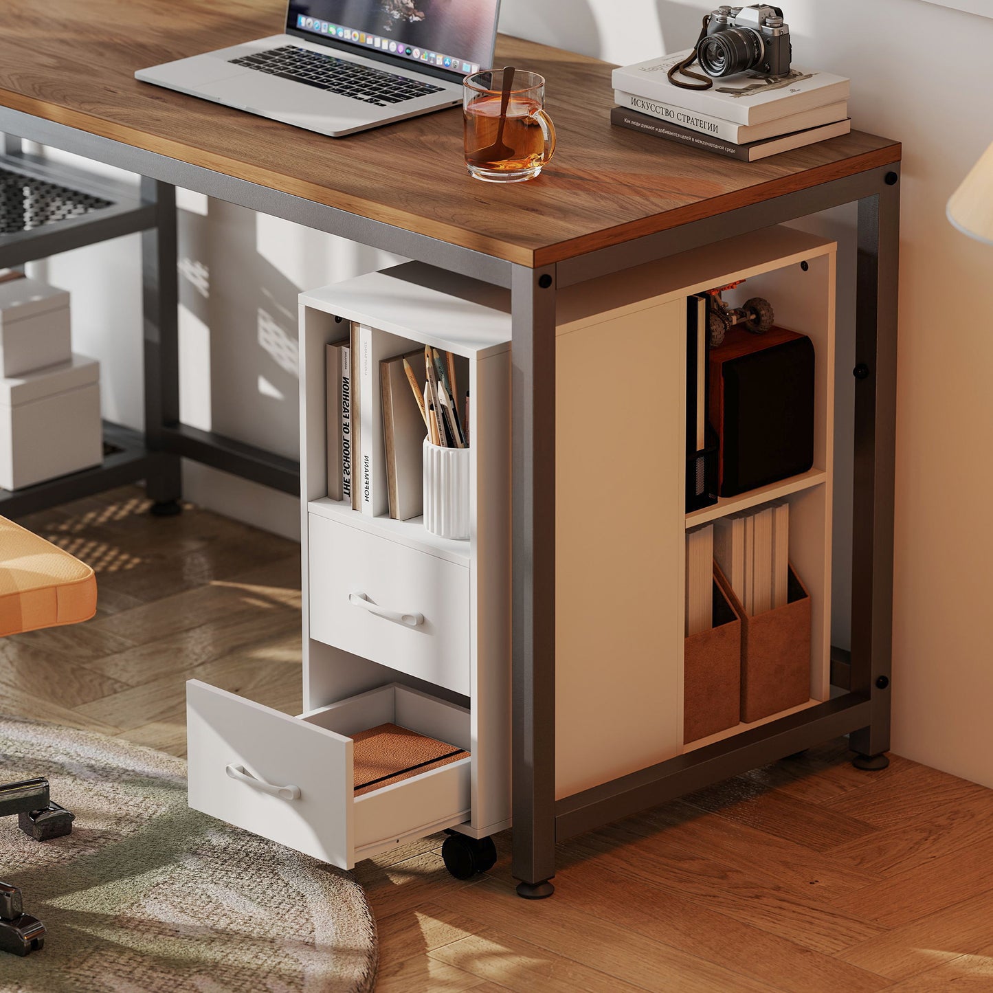 Narrow Mobile Printer Table with Wheels, Rolling Printer Stand with Drawers for Home Office, 30 x 60 x 65 cm, White