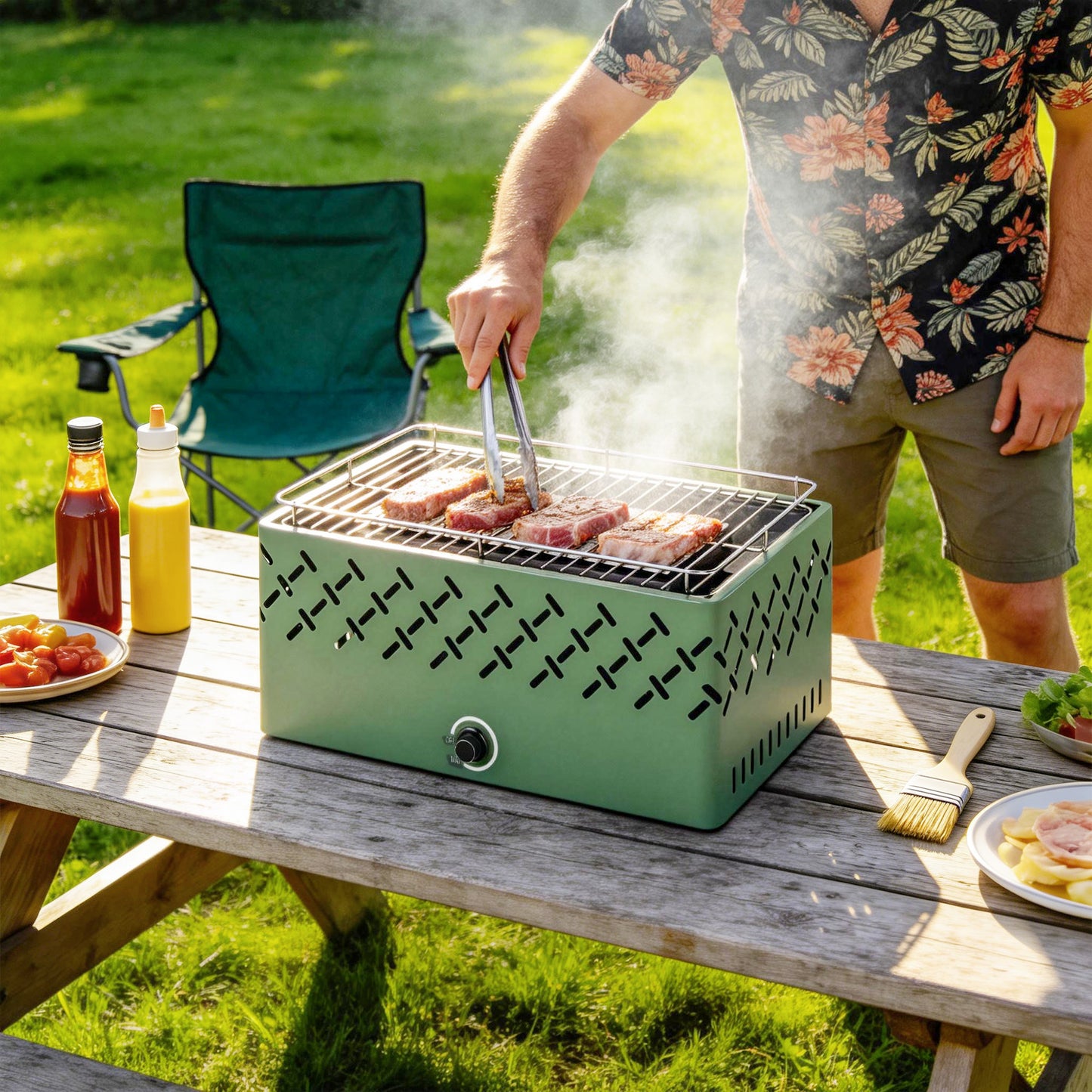 Portable Charcoal BBQ Grill, Battery Powered Barbecue Grill with Built-in Fan for Camping Picnic, Light Green