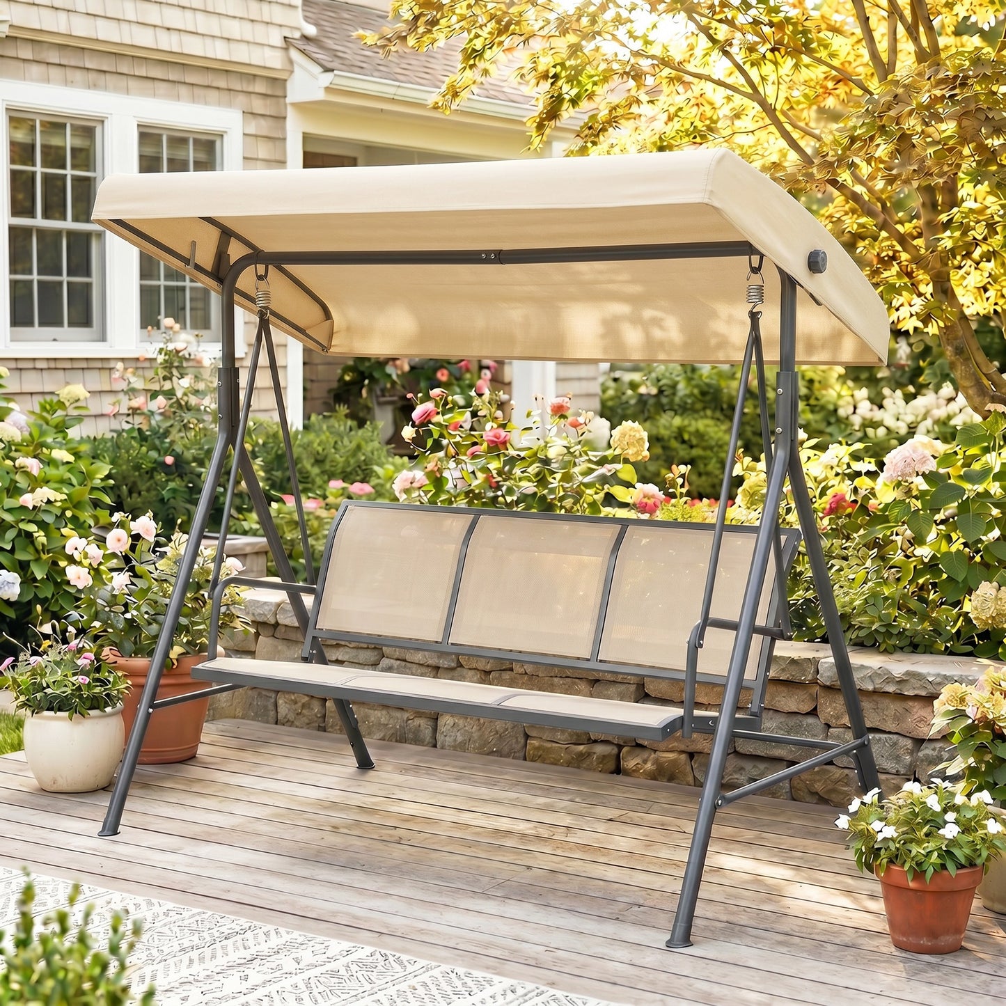 3 Seater Swing Chair, Garden Swing Bench with Adjustable Tilting Canopy
