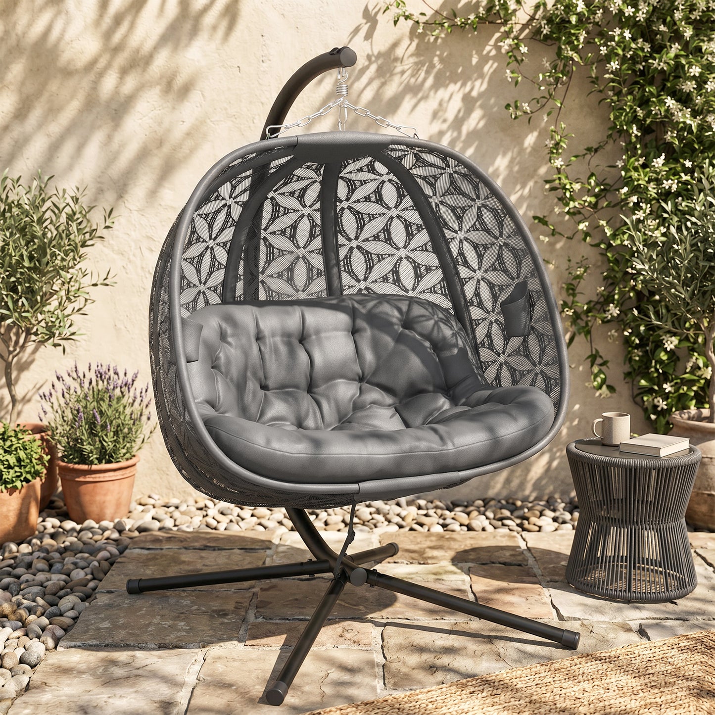 Outdoor Double Hanging Chair with Cushion and Cup Holders, Charcoal Grey