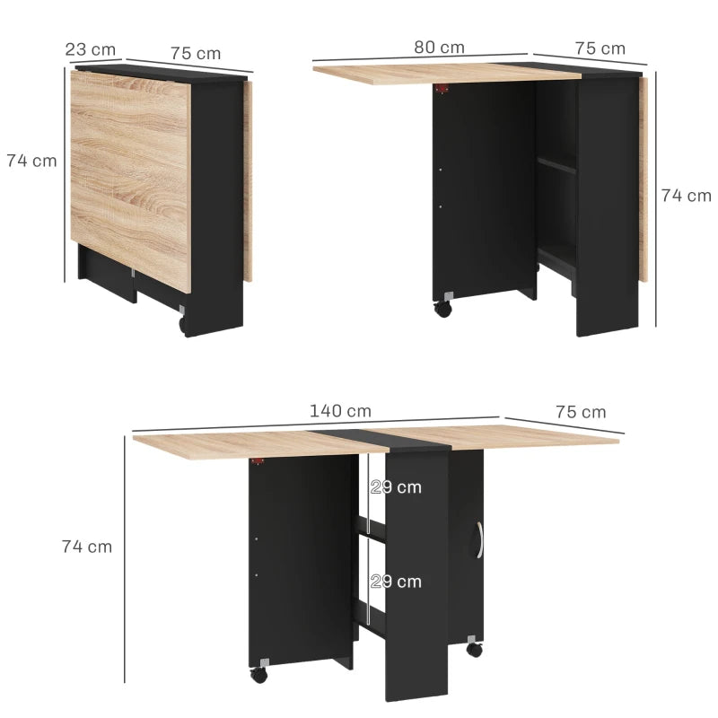 Foldaway Drop Leaf Dining Table with 2-Tier Shelving - Oak / Black