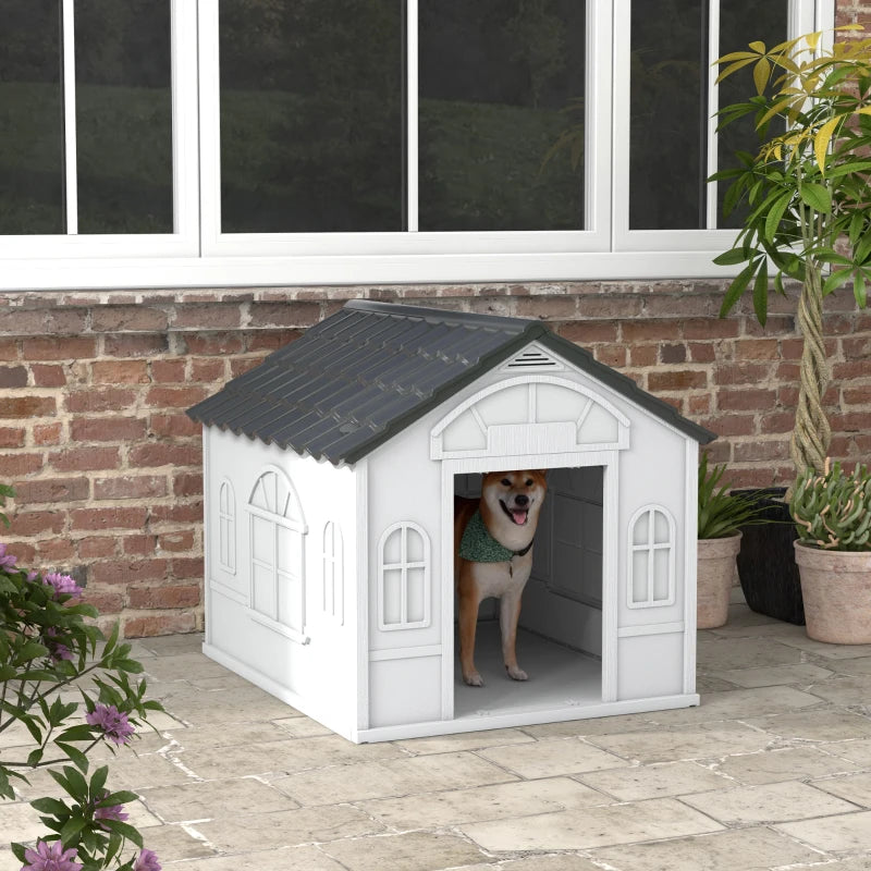Weather Resistant Plastic Dog House with Ventilation Slats - for Indoor / Outdoor