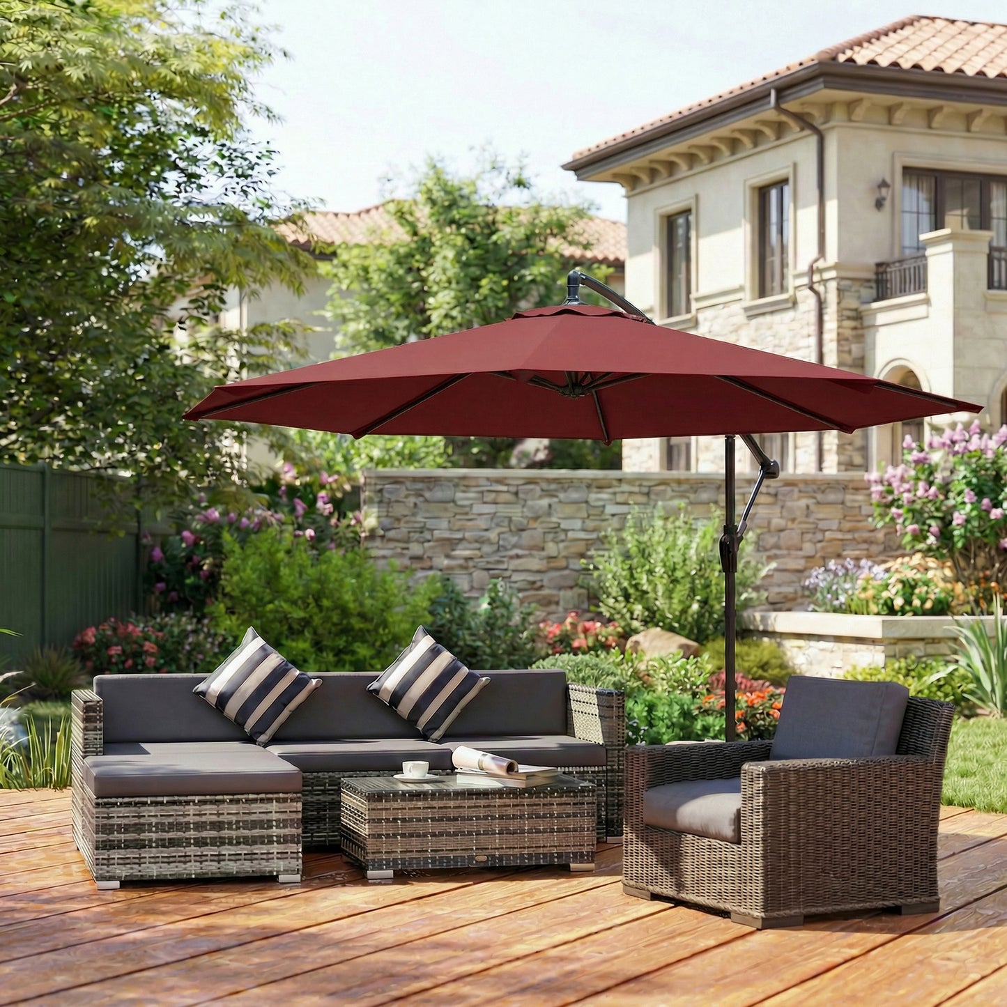 3 m Overhanging Cantilever Parasol, with Cross Base - Wine Red