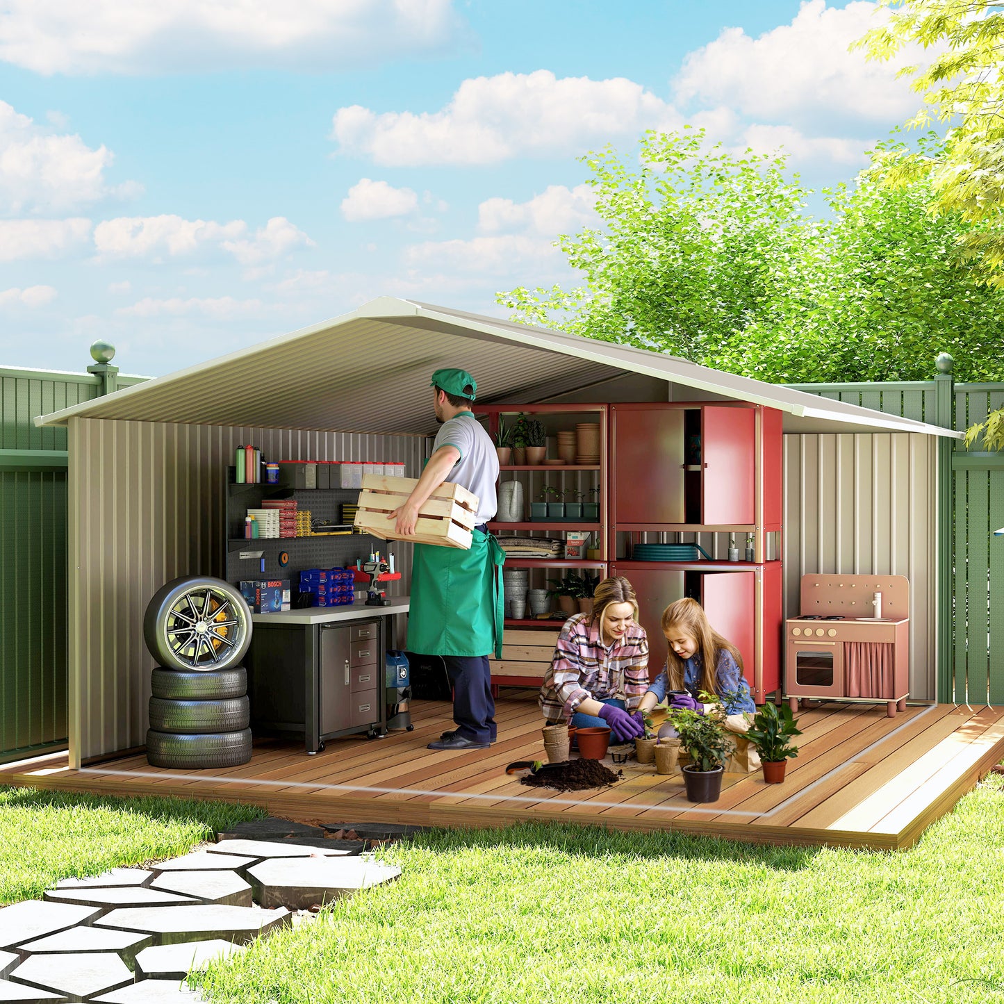 13 x 11ft Large Garden Shed, Mental Garden Storage Shed with Foundation Kit Ventilation & Doors, Light Grey