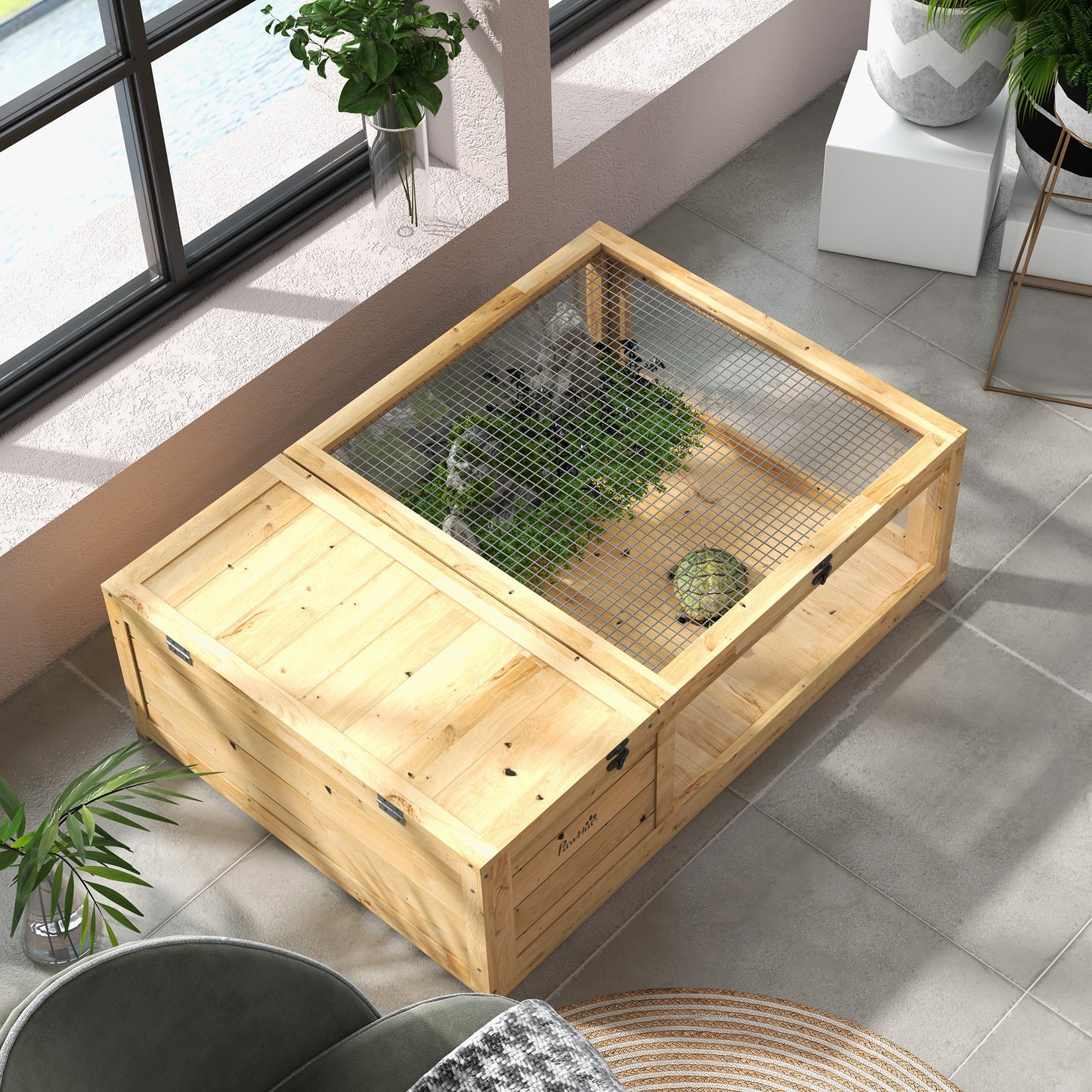 Tortoise House, Small Reptile Wooden House, with Mesh Roofs, Side Panels, for Turtles, Lizards, Geckos and Snakes