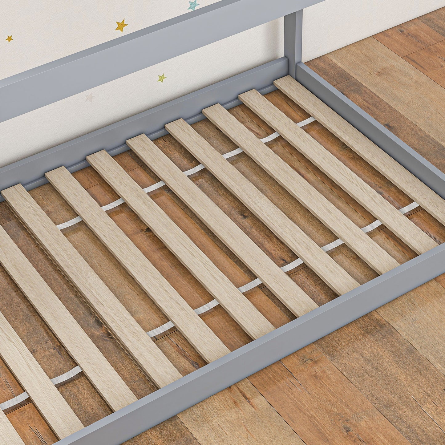 Single Bed Frame, House Scandinavian Style Wooden Bed Frame for 90W x 190Dcm Mattress, Pine Wood Bed Base, Grey