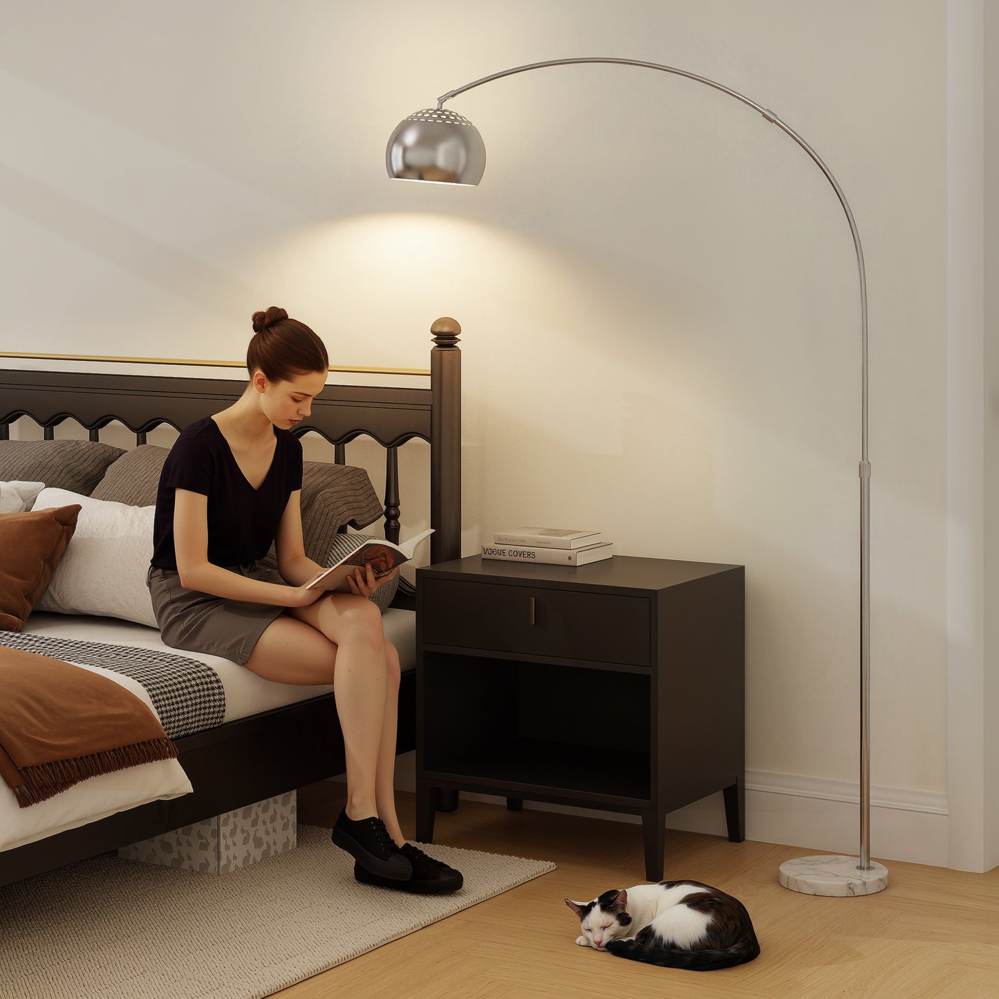Arc Floor Lamp for Living Room, Modern Adjustable Standing Lamp with Faux Black Marble Base Silver Tone