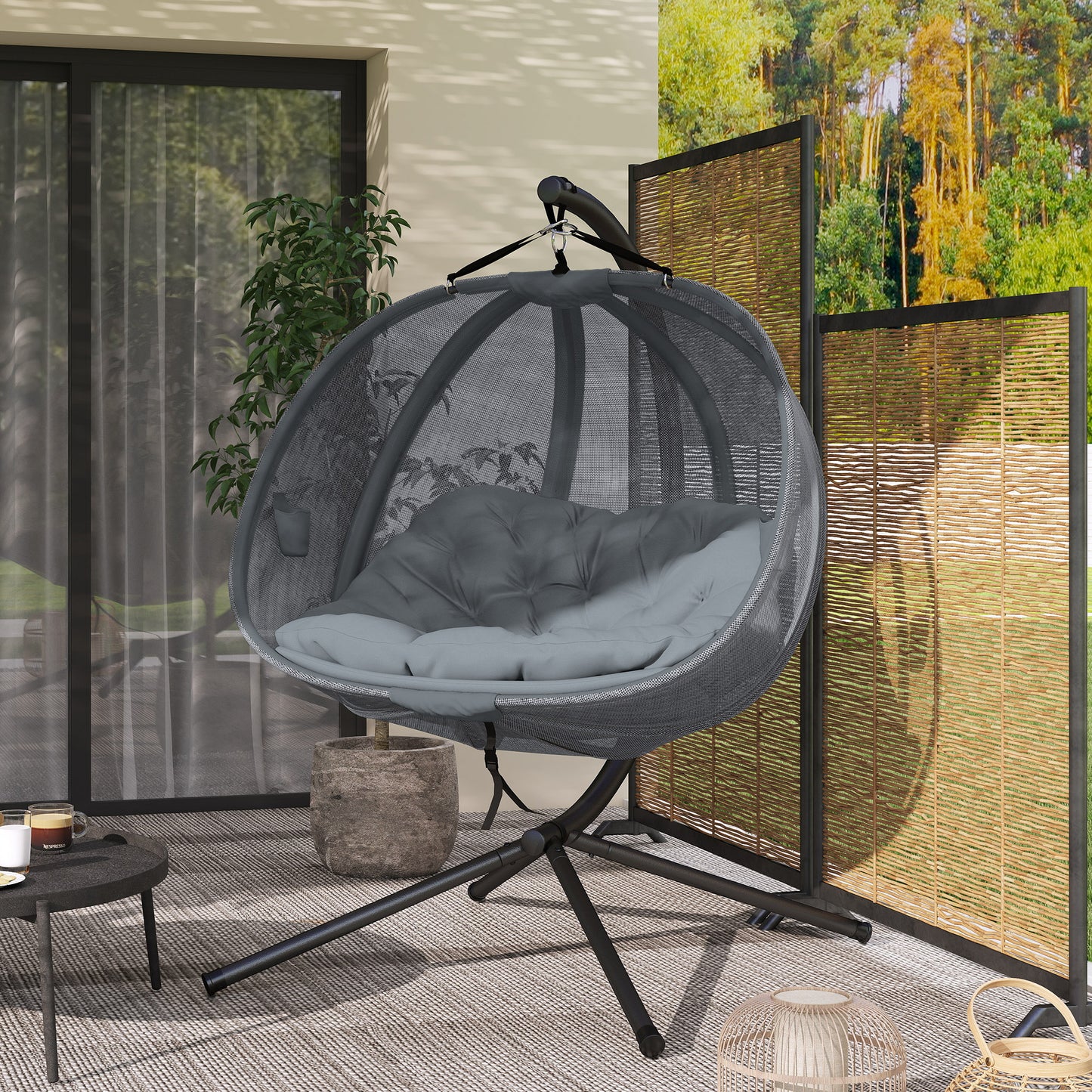 Double Hanging Egg Chair 2 Seaters Texteline Swing Hammock Chair with Folding Design, Grey