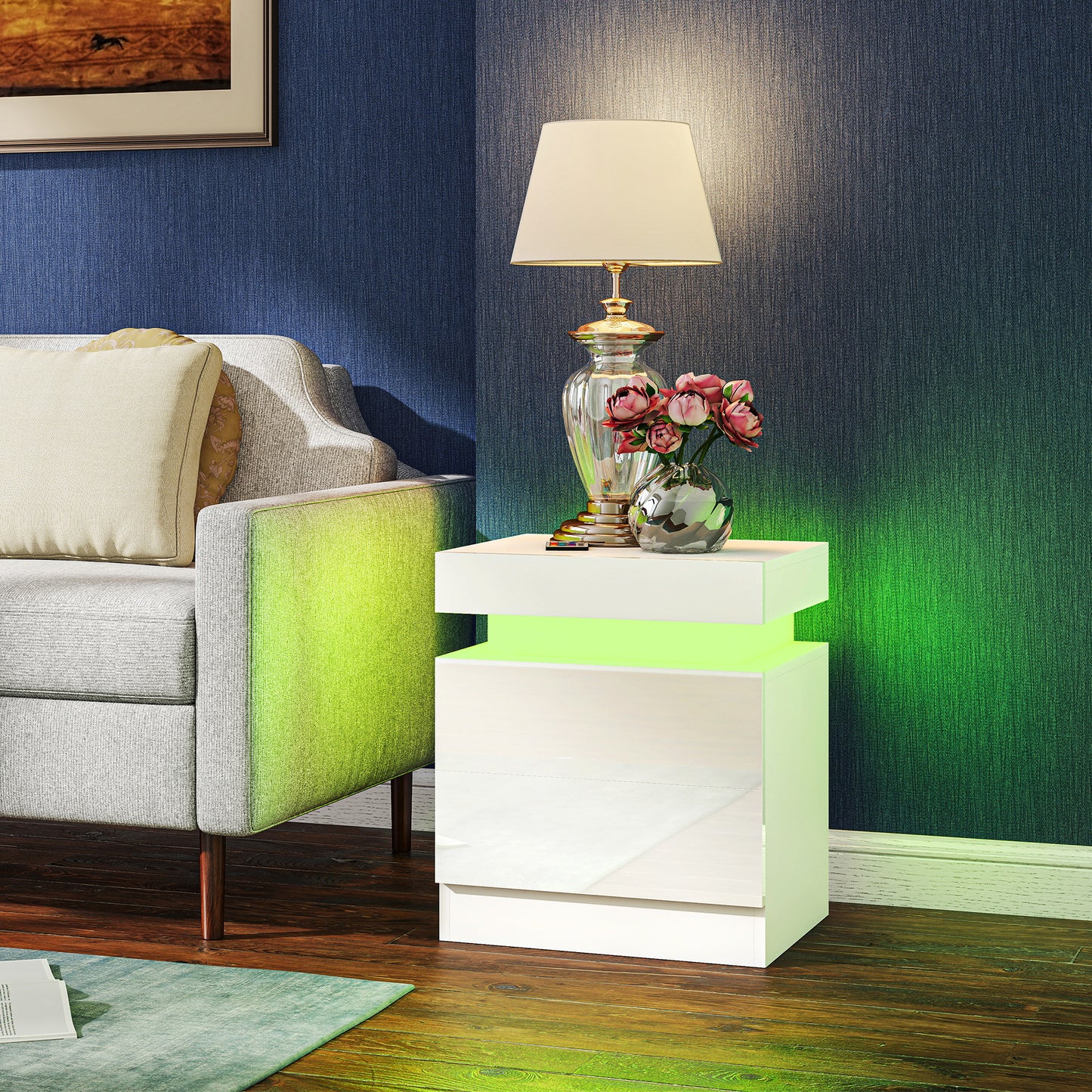 White Bedside Table with LED Light, High Gloss Front Nightstand with 2 Drawers, for Living Room, Bedroom, Set of 2
