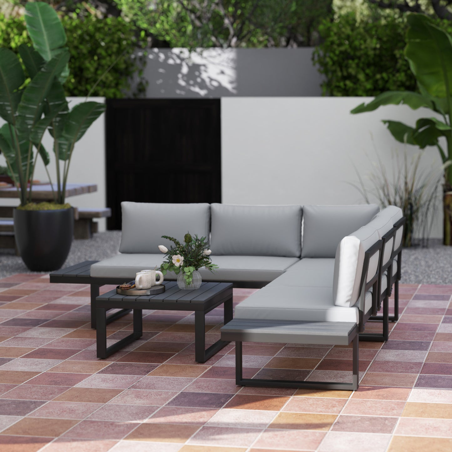 4 Pieces Garden Furniture Set, 5-Level Reclining Garden Corner Sofa Set, Outdoor Lounge Conversation Sectional with Cushions