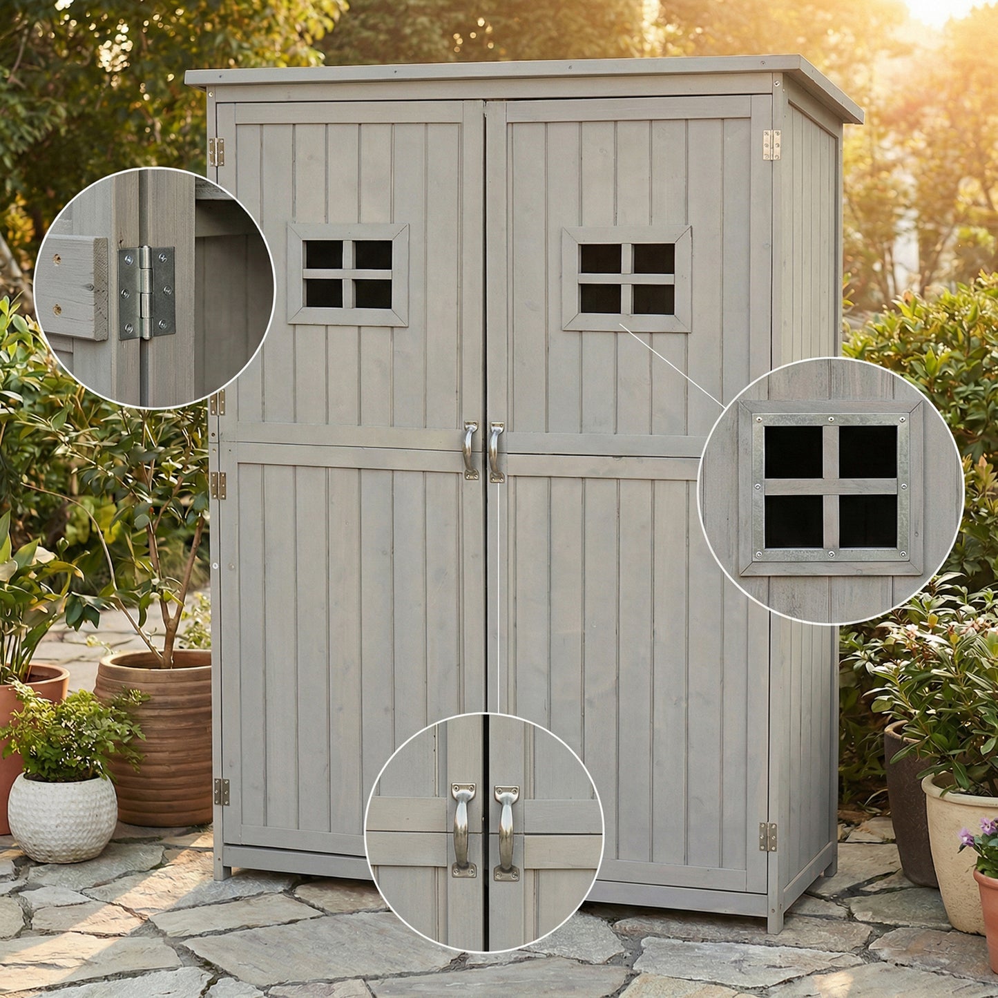 Wooden Garden Shed with Two Windows, Tool Storage Cabinet, Outdoor Double Door Organizer 127.5L x 50W x 164H cm, Grey