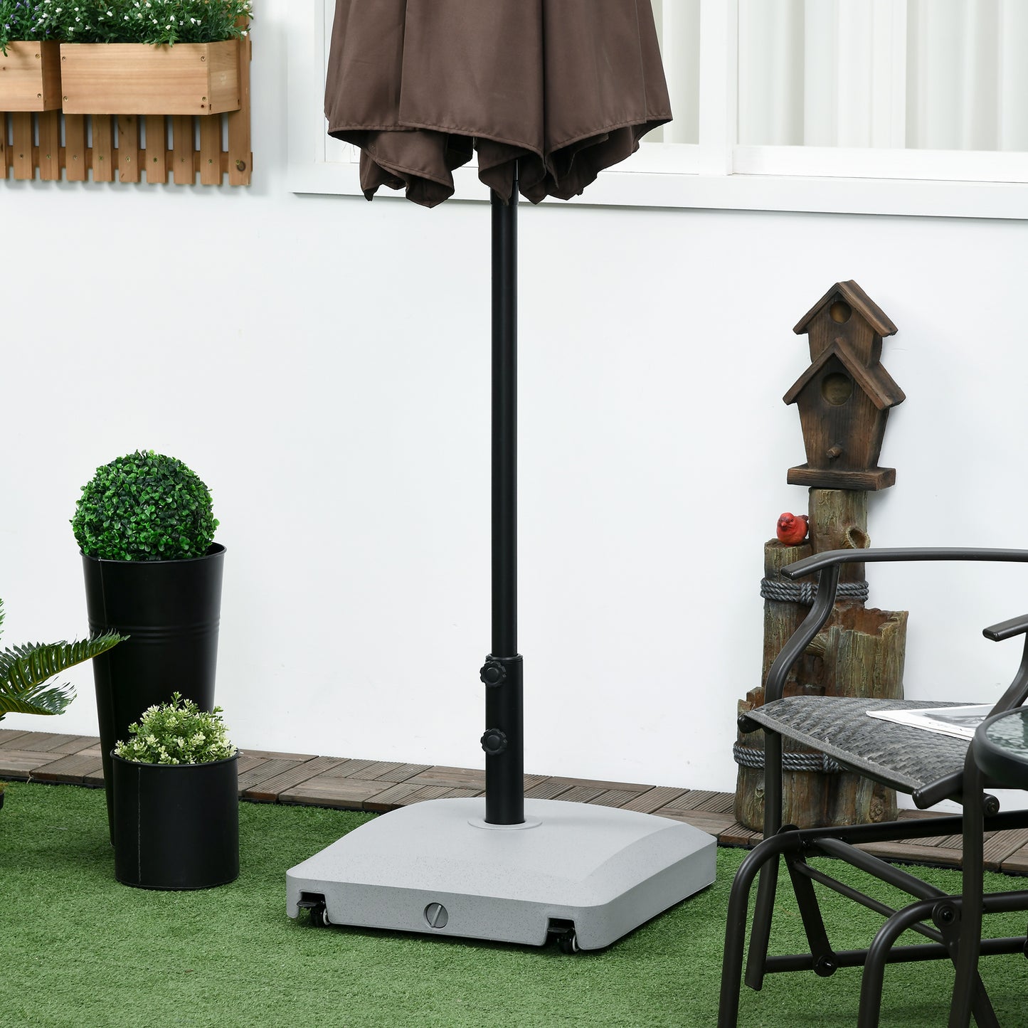 Garden Parasol Base Holder, 24kg Water or 30kg Sand Filled, Outdoor Market Umbrella Stand Weight with Wheels and Brakes, Grey