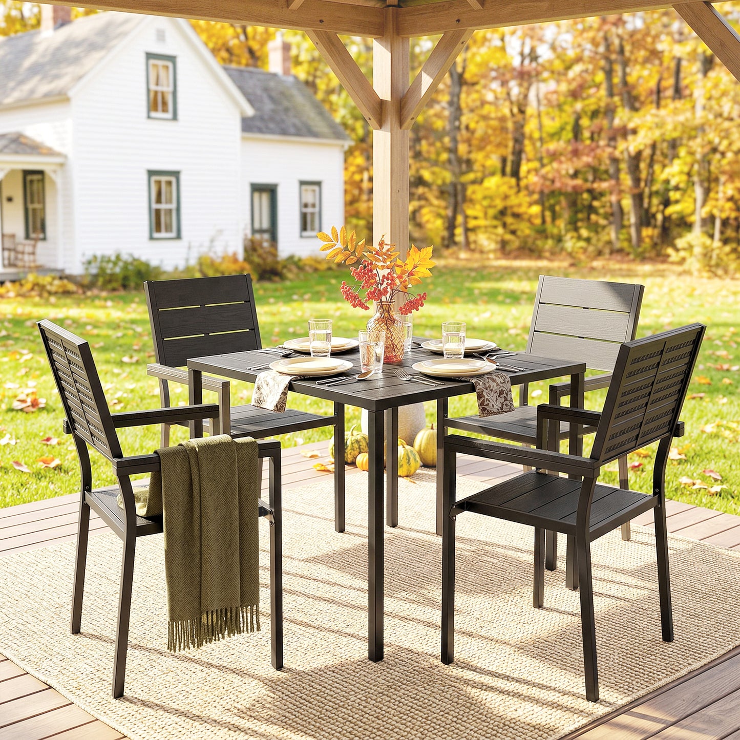 5 Pieces Garden Dining Set, Garden Table and Chairs Set for 4 with Square HDPE Table and Chairs with Armrests, Black