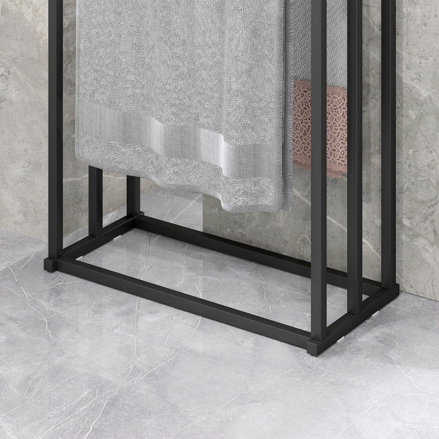Freestanding Towel Rack, Steel Towel Rail Holder with 3 Bars, Black