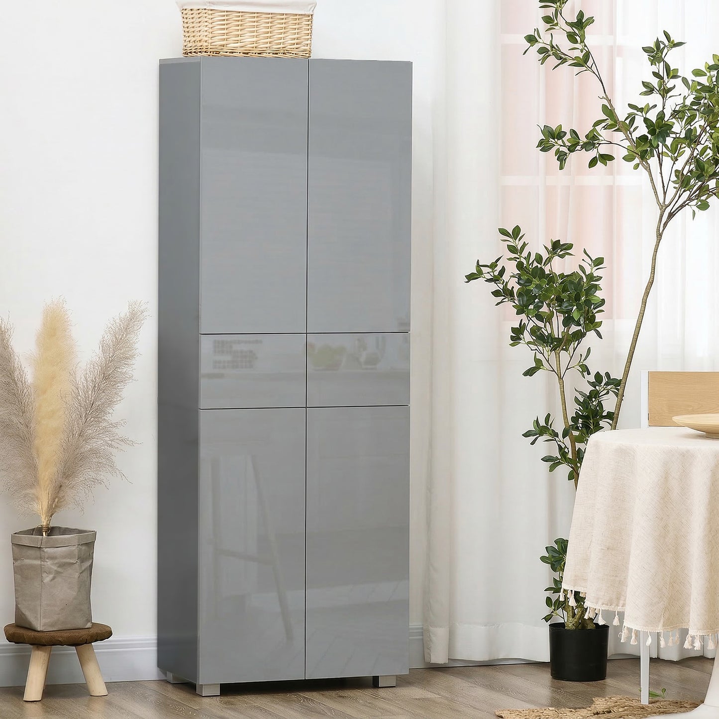 Storage Cabinet, Kitchen Cupboard with 3 Adjustable Shelves, 60L x 35W x 170H cm, High Gloss Grey