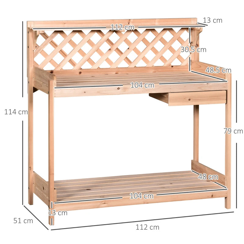 Wooden Potting Bench Table with Drawer, Shelf and Gridded Back