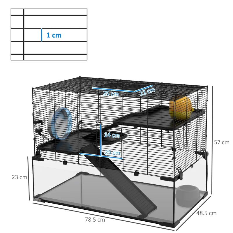 3-Tier Hamster / Gerbil Cage with Deep Glass Bottom, Non Slip Ramps, Exercise Wheel & More Accessories