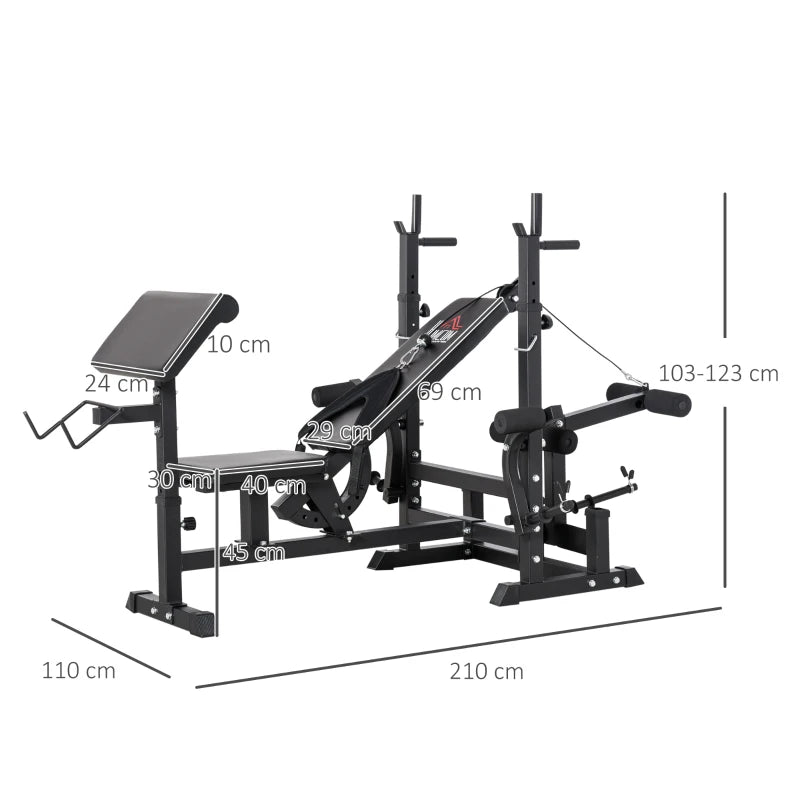 Multi-Exercise Bench with Bench Press, Leg Curl, Chest Fly, Preacher Curl and Resistance Band (Barbell and Weights not Included)
