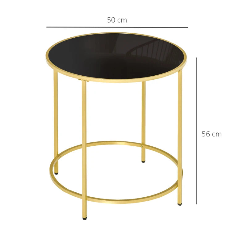 Round Side Table with Gold Frame and Black Tempered Glass Tabletop