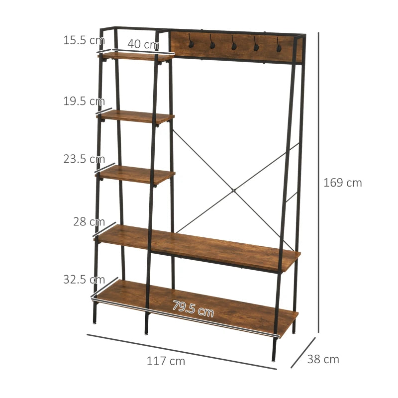 Large Entrance Coat Rack with 2-Tier Shoe Rack, 5 Hooks and 5 Side Shelves