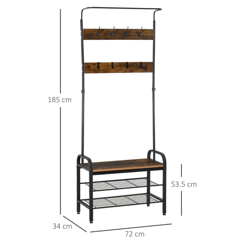 Industrial Style Coat Rack with Shoe Storage & Removable Hooks