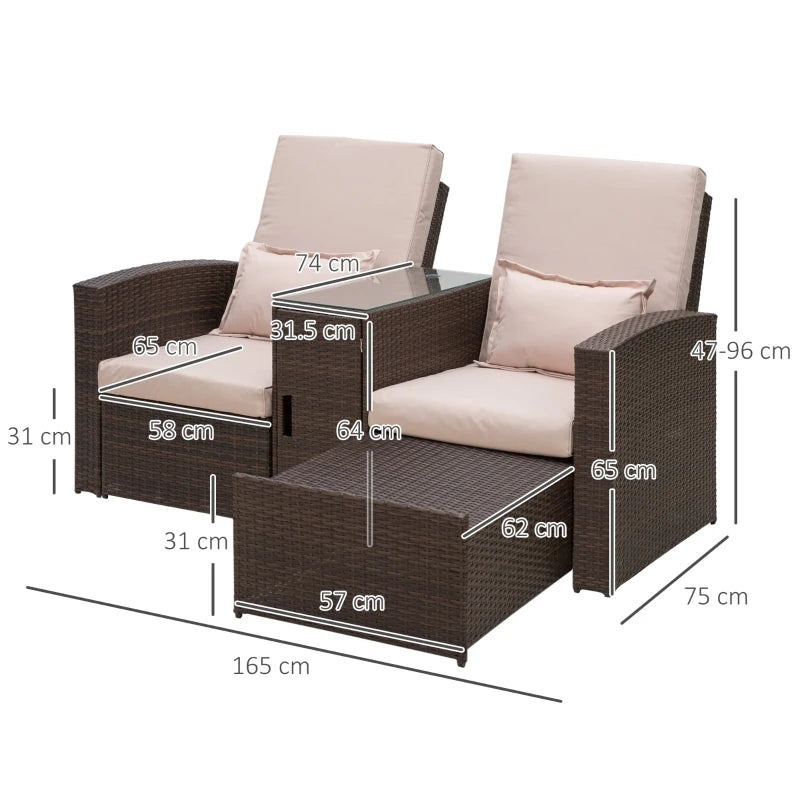 2-Seater - Reclining Rattan Sun Lounger with Table and Cushions Set