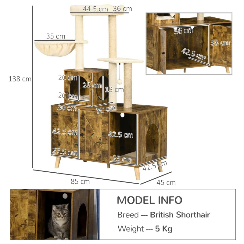 Industrial Style Cat Tree with Built In Litter Tray Enclosure with Hammock, House and Cushion