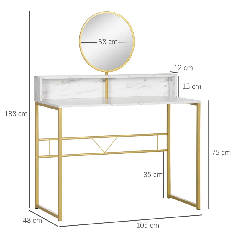 Marble Effect Vanity Dressing Table with Round Mirror & Open Storage Section