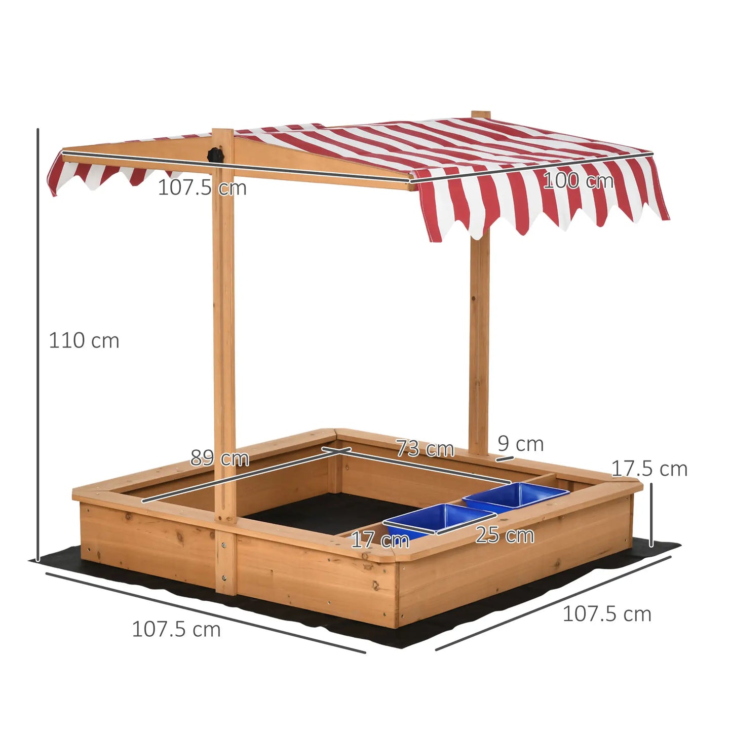 Square Sandpit with Red and White Canopy and Storage Section