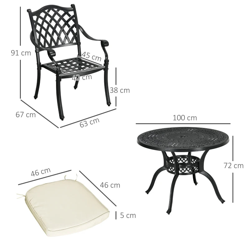 4-Seater Cast Aluminium Bistro Dining / Breakfast Set with Cushions and Hole for Parasol (Parasol not included)