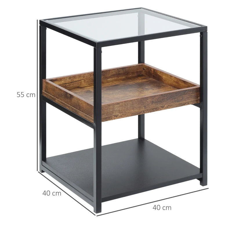 Industrial Style 3-Tier Side Table with Glass Top & Storage Shelves