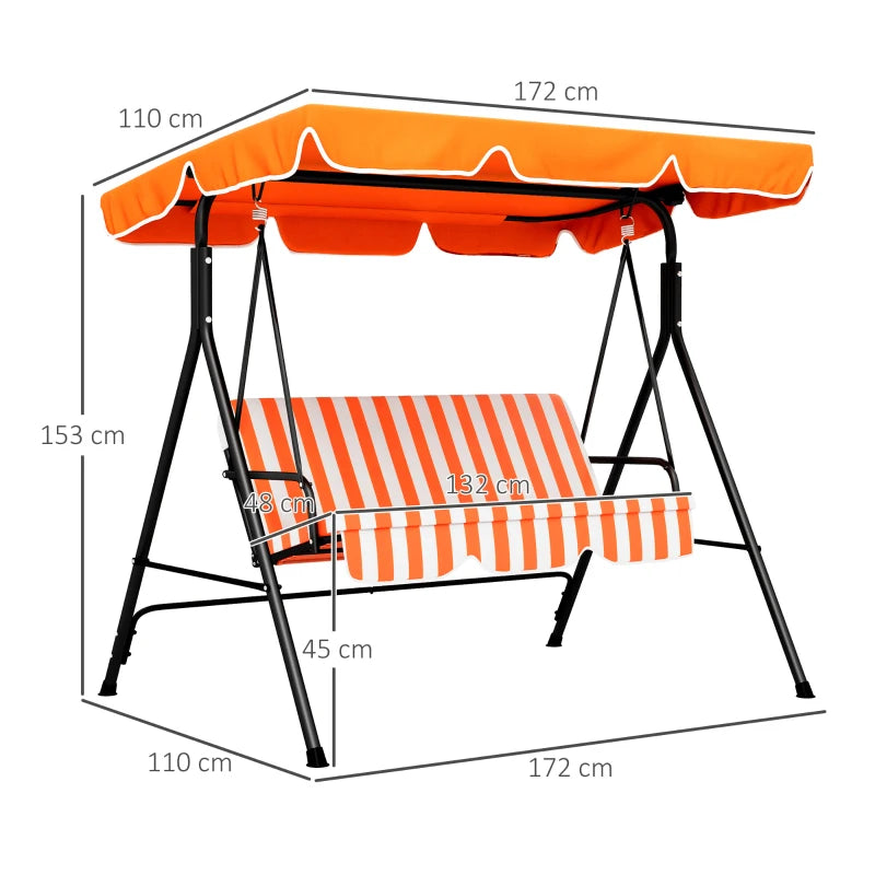 3-Seater Swing Chair with Adjustable Overhead Sun Protection Canopy - Orange / White Stripe