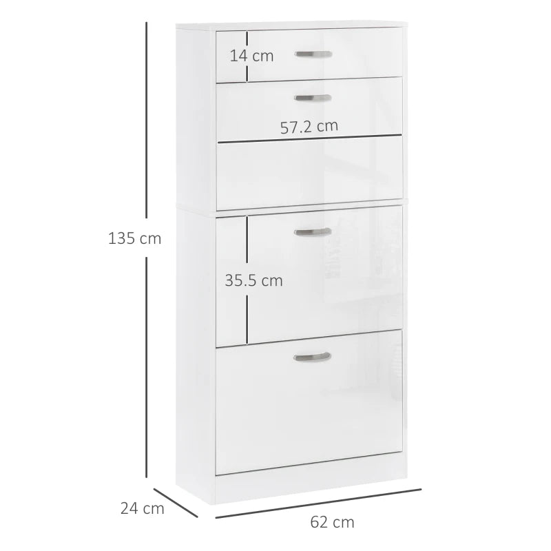Tall High Gloss Shoe Storage Cabinet with (18 Pair) 3-Flip Drawers and Top Flatbed Pull Out Drawer