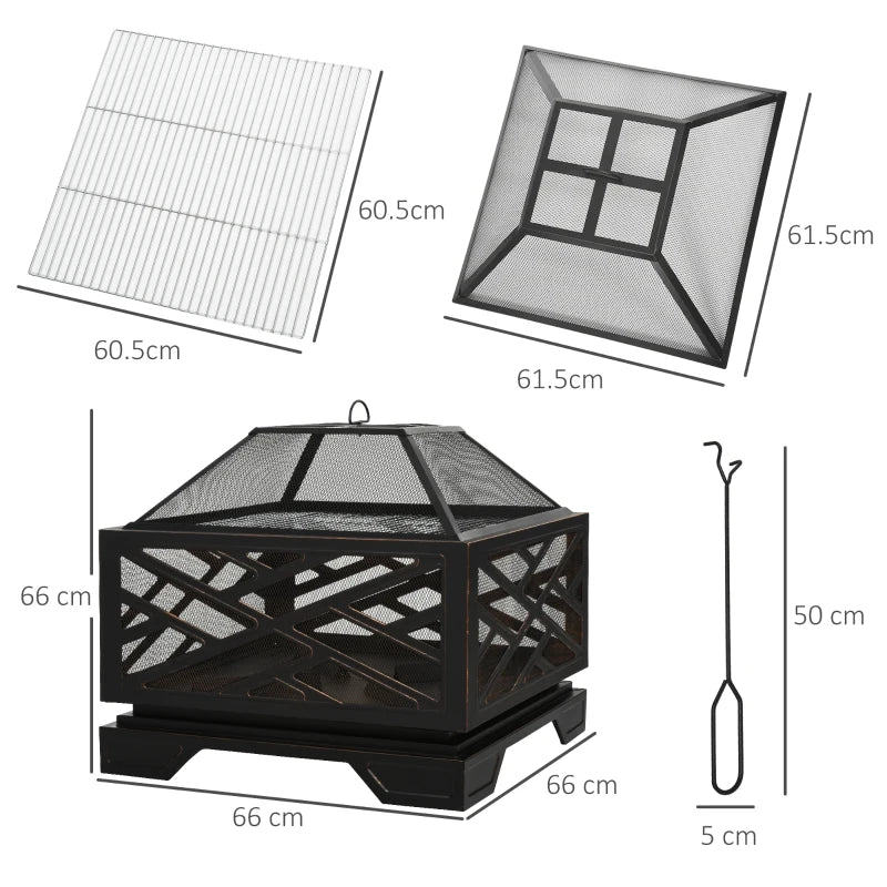 2 in 1 - Firepit / Grill with Grill Shelf, Lid and Poker - 66 x 66 x 66cm