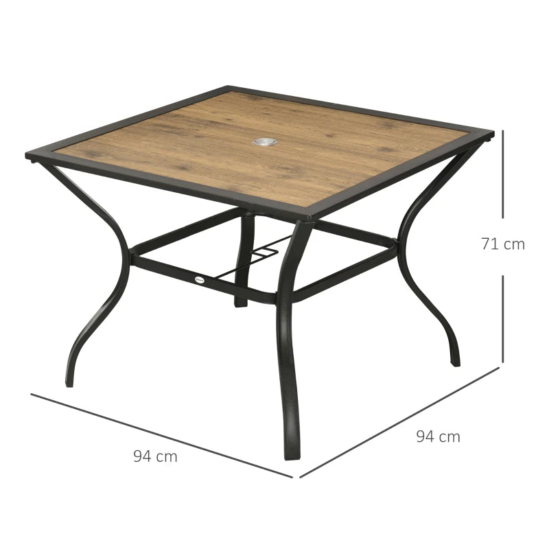 Square Garden Table Wooden Effect Tabletop and Parasol Hole (Parasol not Included) - Wooden Effect