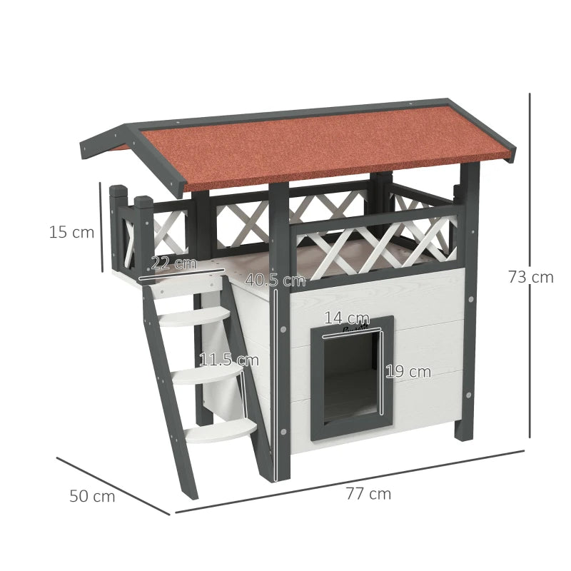 Cat House with Roofed Balcony Area & Stairs and Under House - White