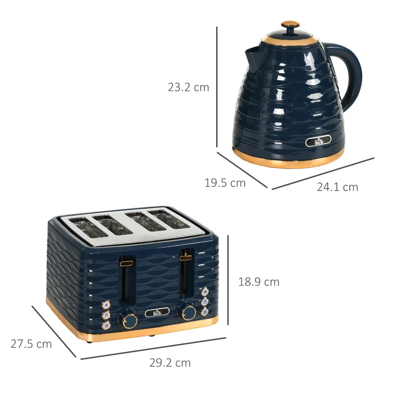 Kettle (1.7L) and Toaster Set with 7 Browning Controls and Crumb Tray (4 Slice) - Navy / Gold