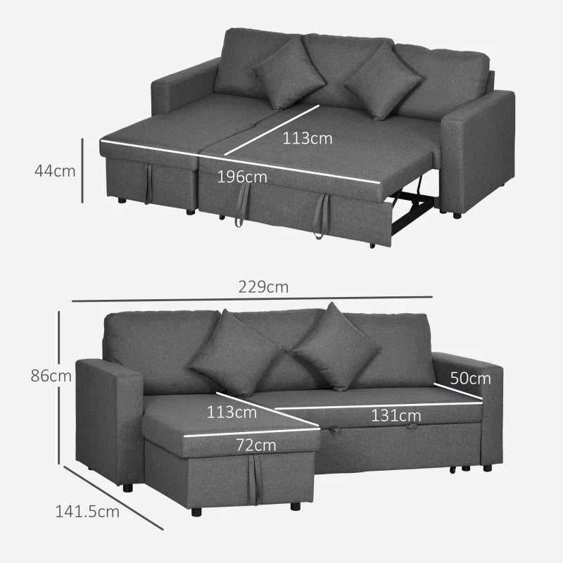 L-Shape Corner 3 Seater Pull Out Sofa Bed with Reversible Chaise Lounge